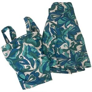 Cupshe Blue, Teal, White Tankini Swim Set; with Adjustable Straps; Swim Skirt XL